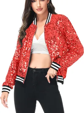 Anna-Kaci Womens Sequin Jacket Bomber Coat 1989 Slitter Outfit For Concert Party, Blue, Large