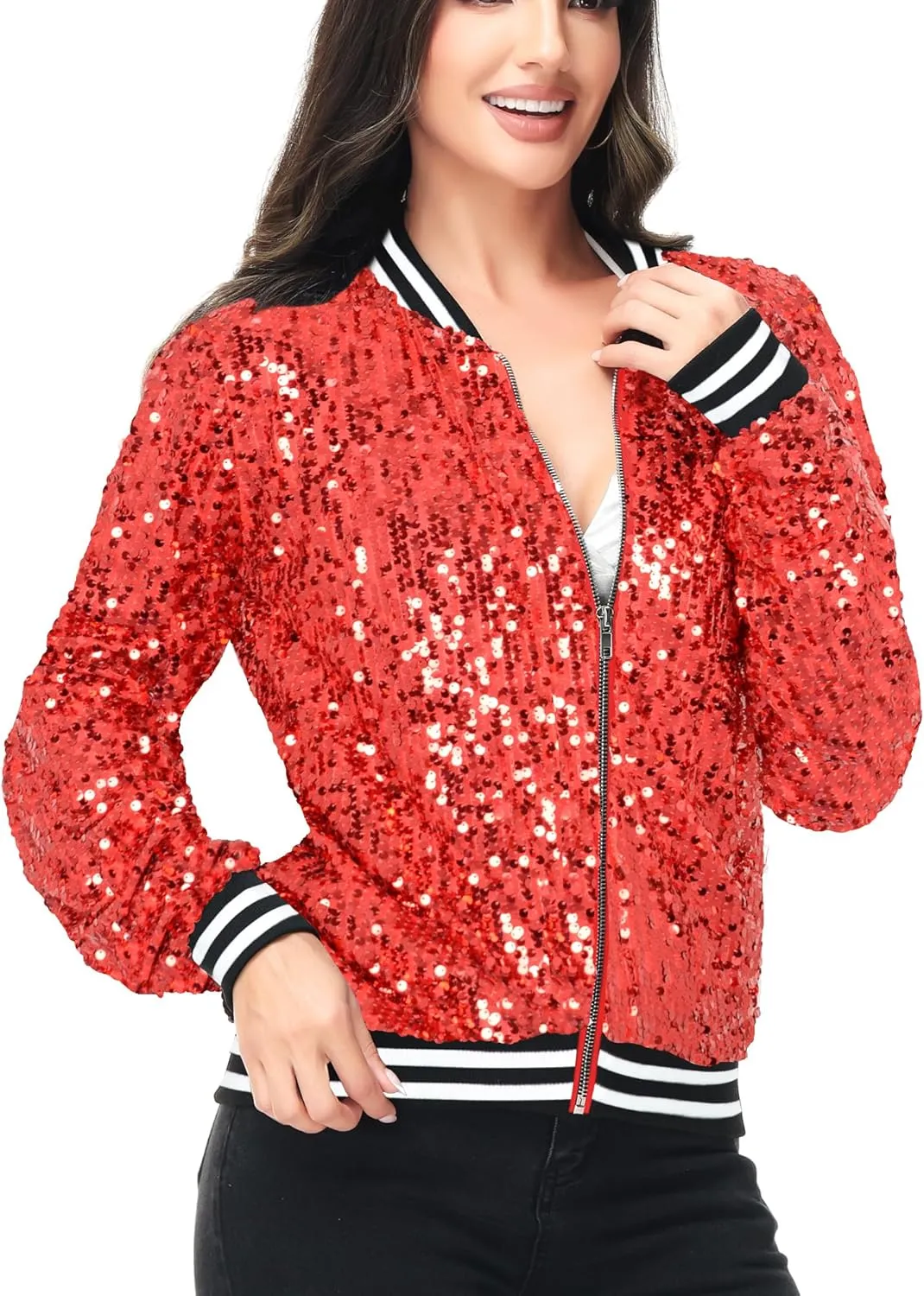 Anna-Kaci Womens Sequin Jacket Bomber Coat 1989 Slitter Outfit For Concert Party, Blue, Large