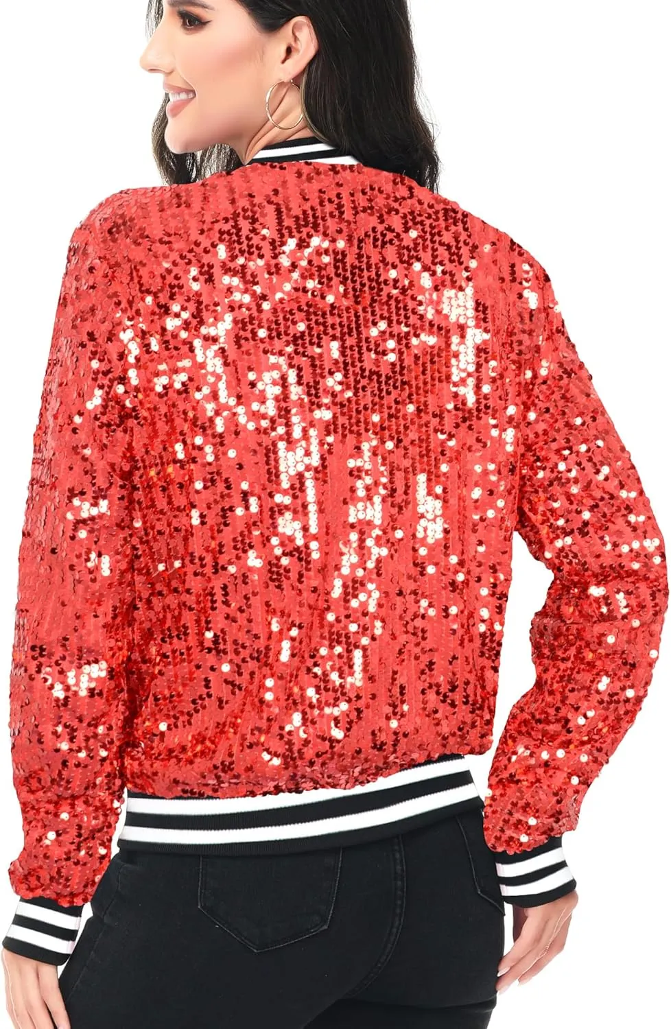 Anna-Kaci Womens Sequin Jacket Bomber Coat 1989 Slitter Outfit For Concert Party, Blue, Large