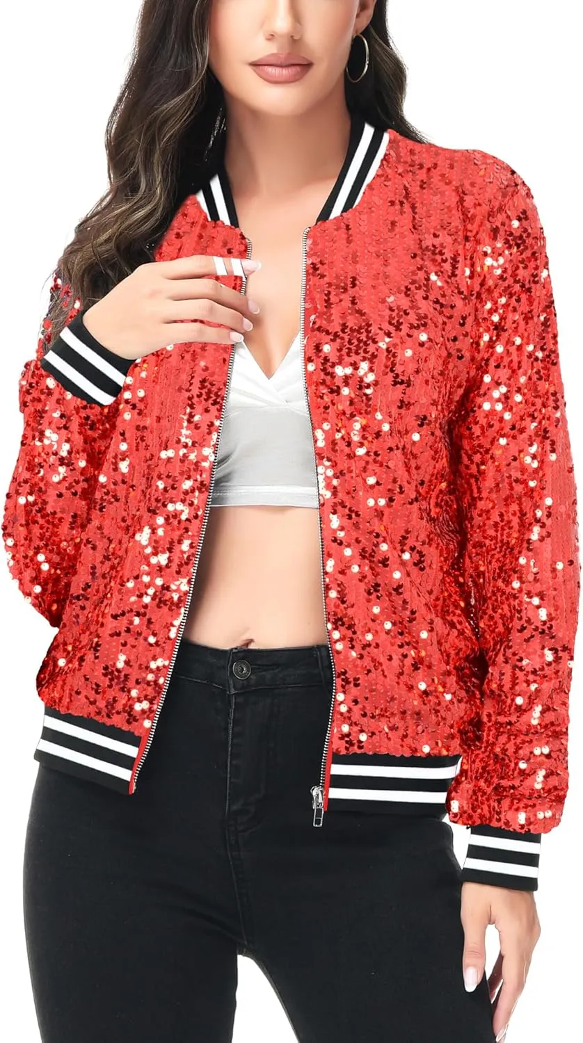 Anna-Kaci Womens Sequin Jacket Bomber Coat 1989 Slitter Outfit For Concert Party, Blue, Large