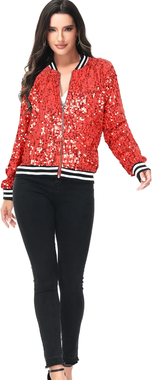 Anna-Kaci Womens Sequin Jacket Bomber Coat 1989 Slitter Outfit For Concert Party, Blue, Large