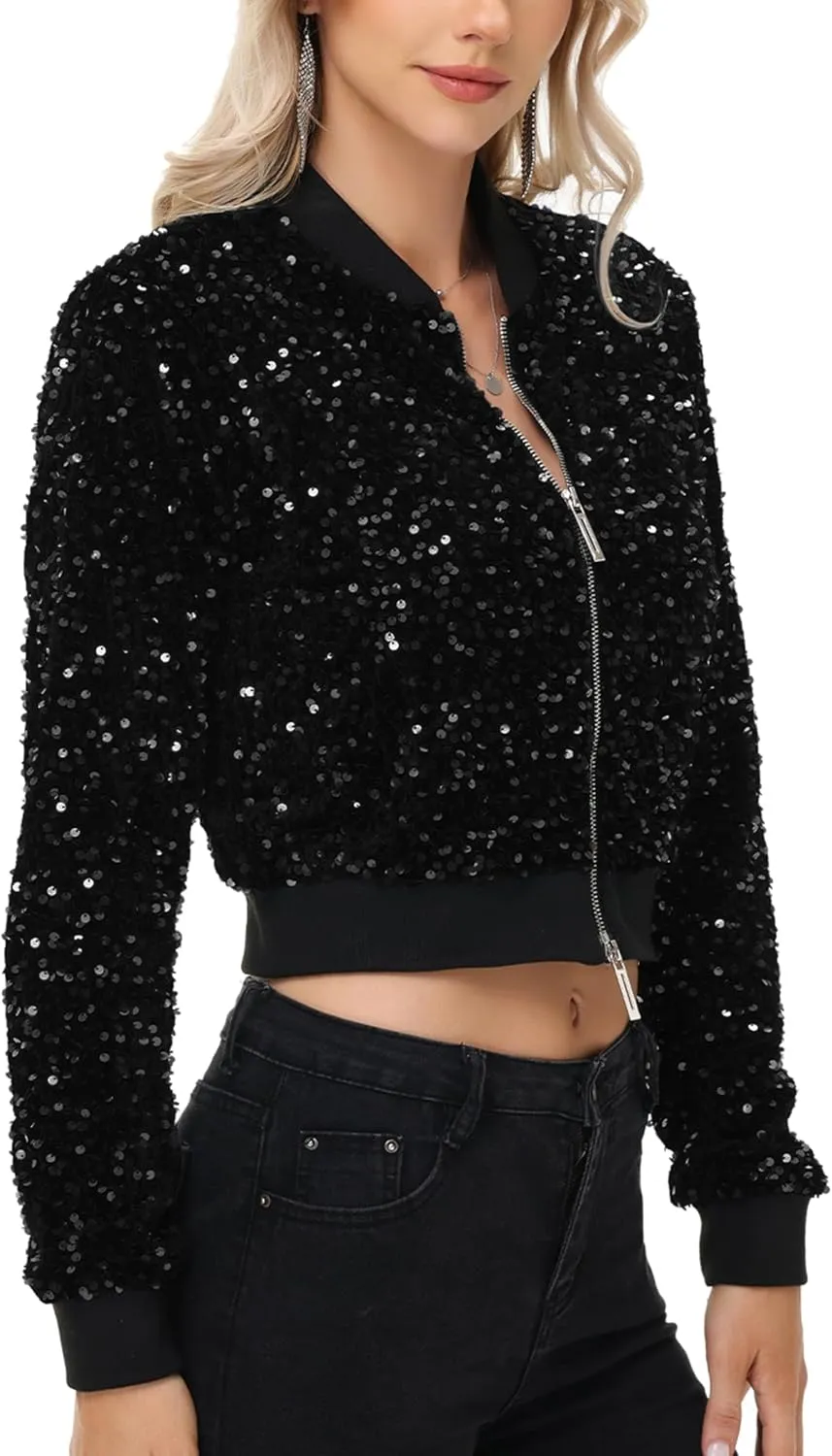 Anna-Kaci Women's Sparkly Sequin Jacket Cropped Two-Way-Zipper Glitter Party Club Bomber Jacket
