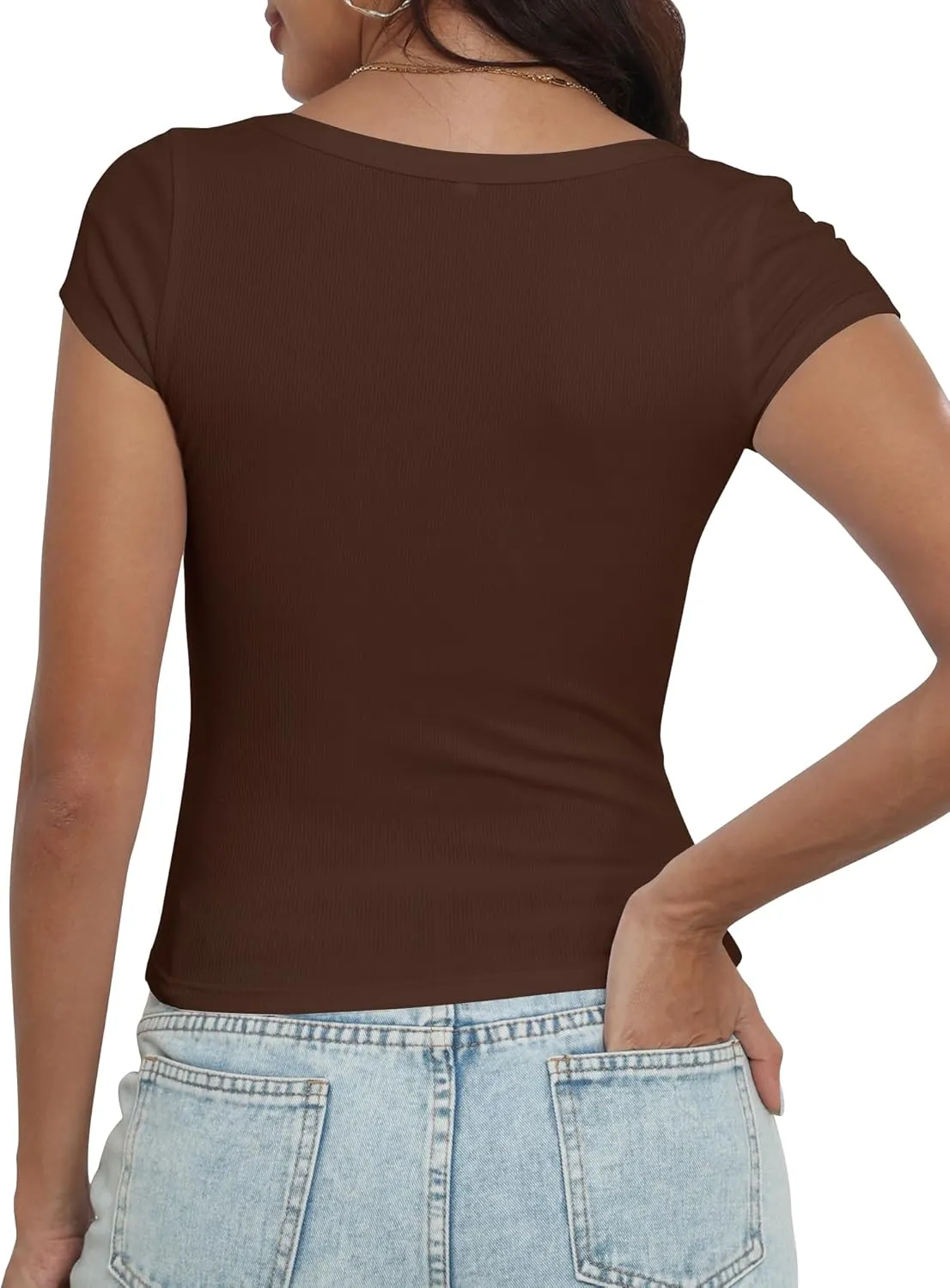 Artfish Women's Short Sleeve T-Shirts Low Scoop Neck Slim Fitted Ribbed Knit Casual Longer Crop Top