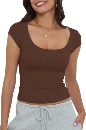 Artfish Women's Short Sleeve T-Shirts Low Scoop Neck Slim Fitted Ribbed Knit Casual Longer Crop Top