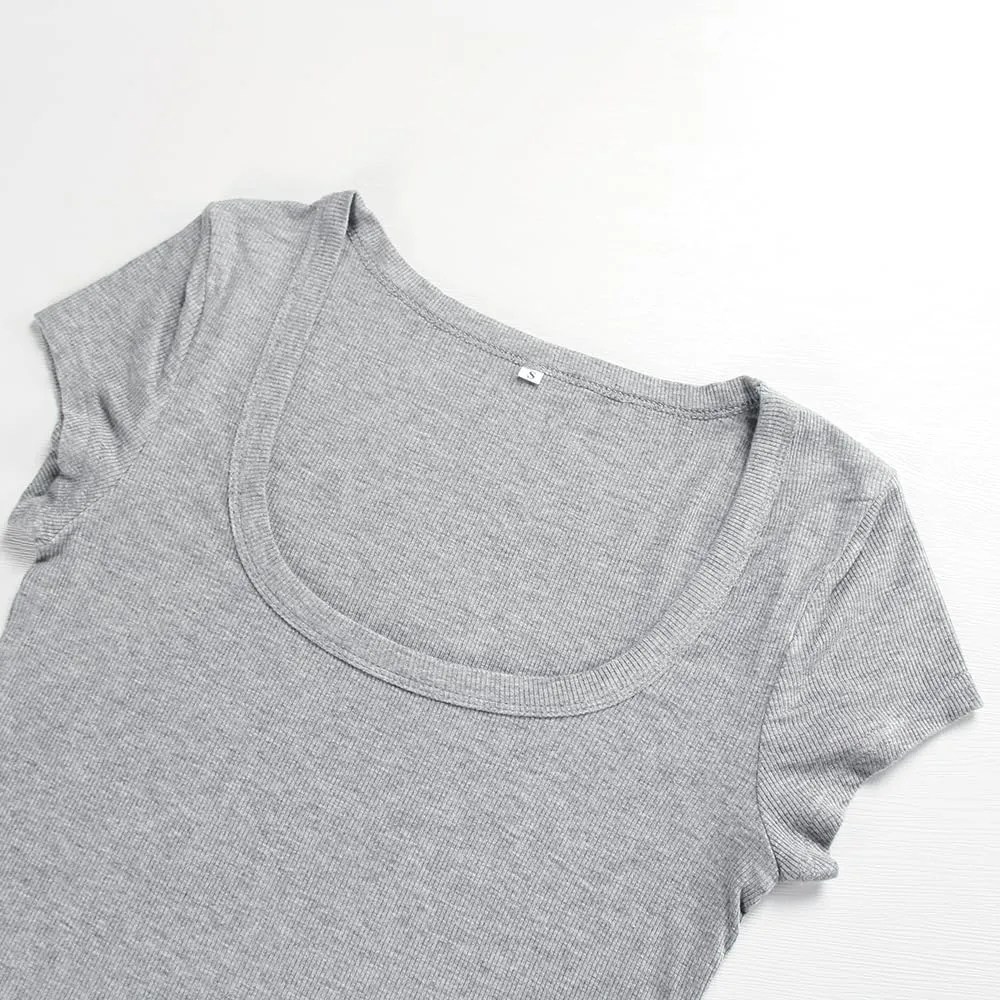 Artfish Women's Short Sleeve T-Shirts Low Scoop Neck Slim Fitted Ribbed Knit Casual Longer Crop Top