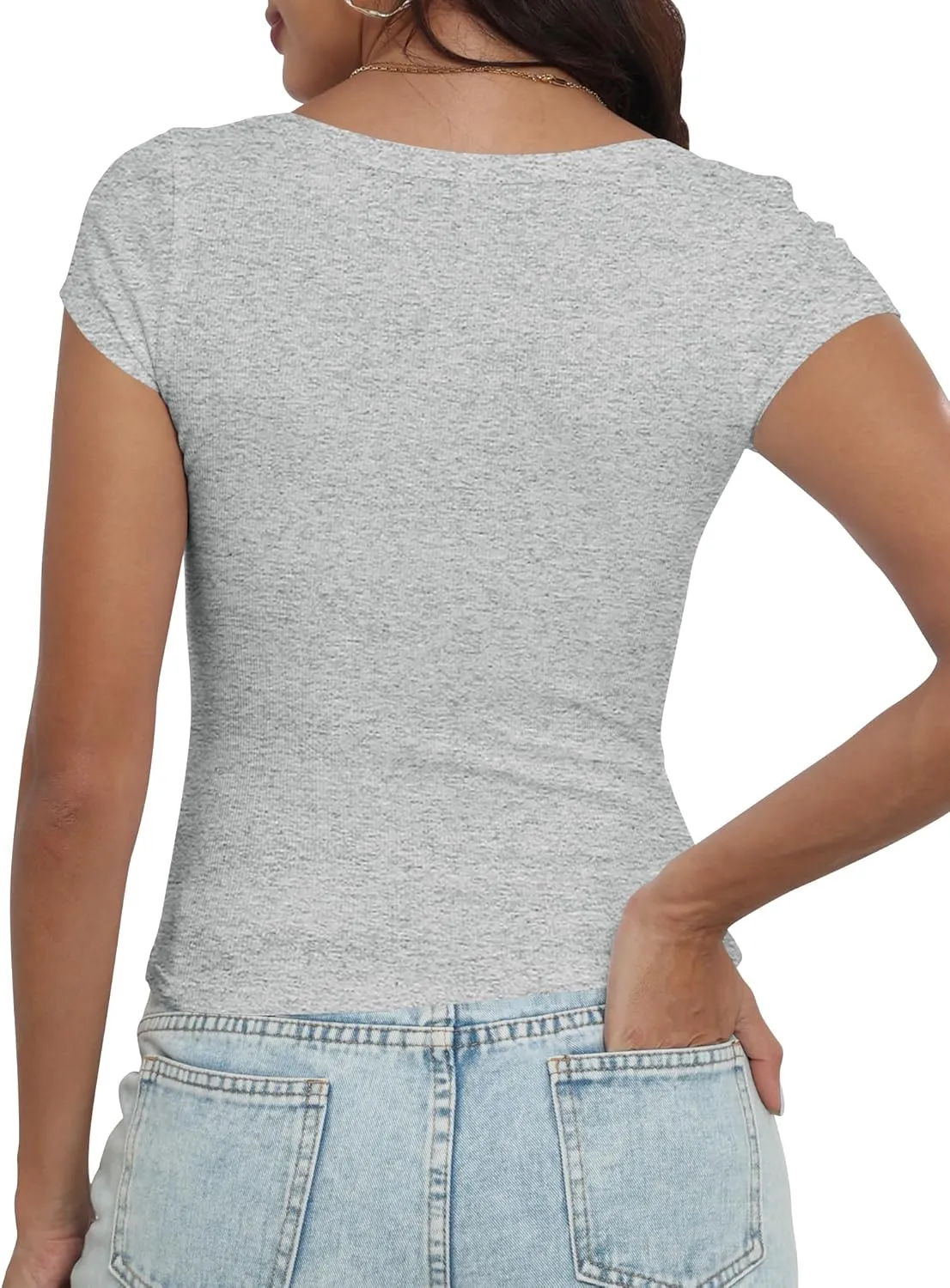 Artfish Women's Short Sleeve T-Shirts Low Scoop Neck Slim Fitted Ribbed Knit Casual Longer Crop Top