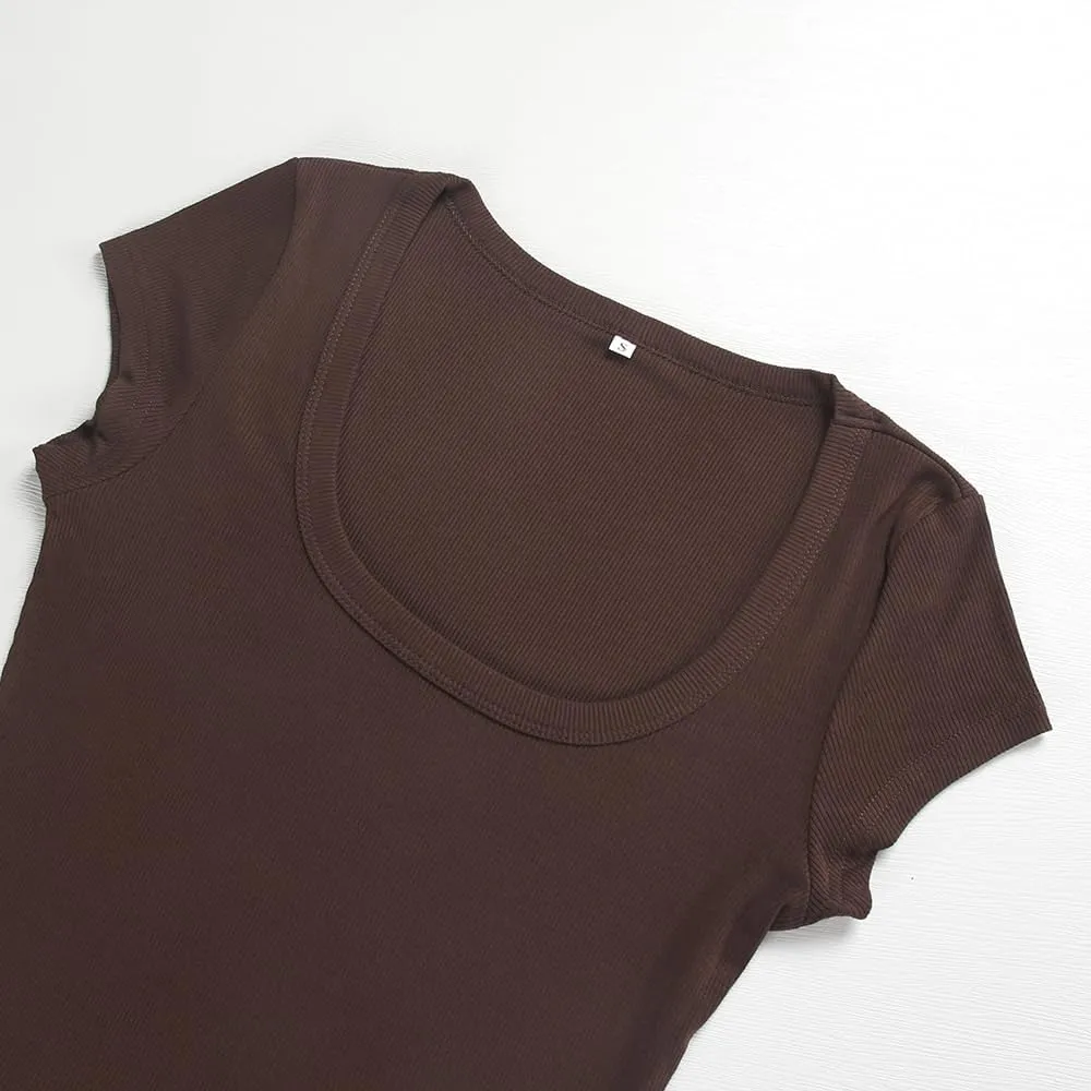 Artfish Women's Short Sleeve T-Shirts Low Scoop Neck Slim Fitted Ribbed Knit Casual Longer Crop Top