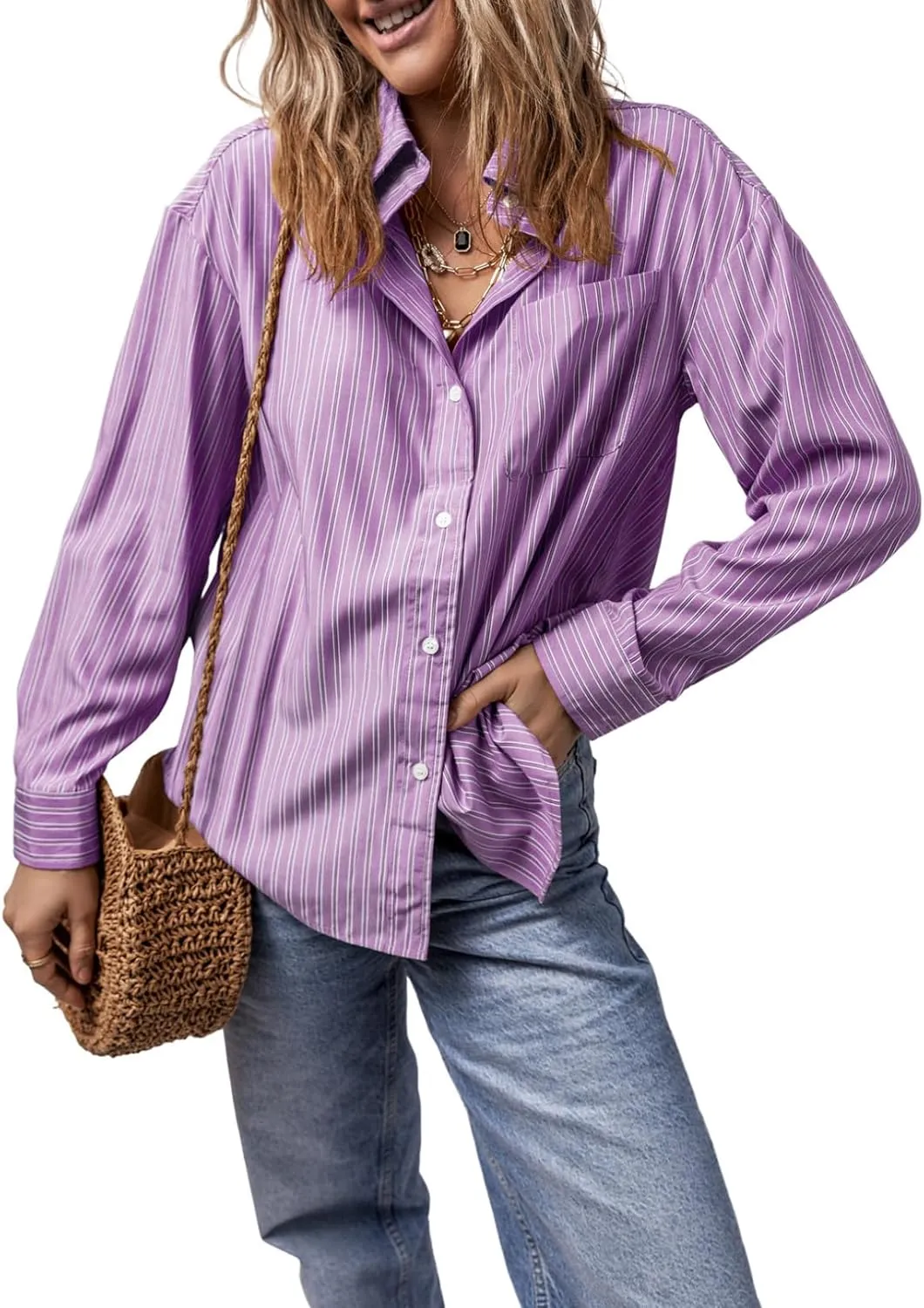 Astylish Women Blouses Oversized Striped Shirt Long Sleeve V Neck Button Down Work Tops