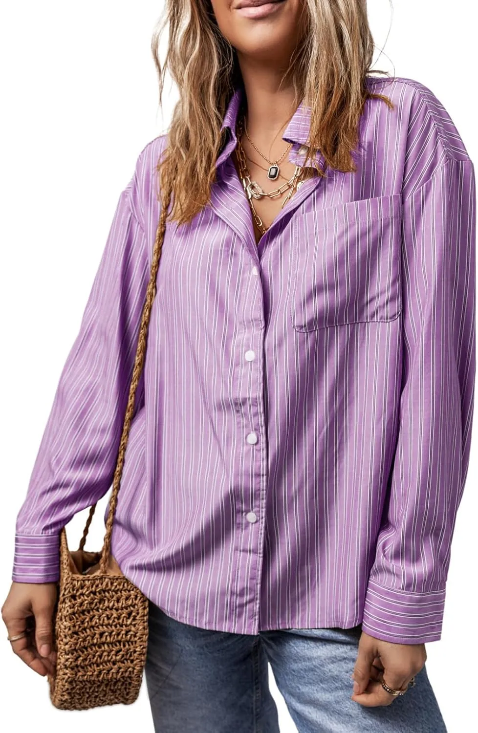 Astylish Women Blouses Oversized Striped Shirt Long Sleeve V Neck Button Down Work Tops