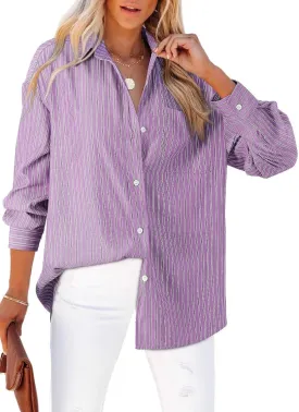 Astylish Women Blouses Oversized Striped Shirt Long Sleeve V Neck Button Down Work Tops