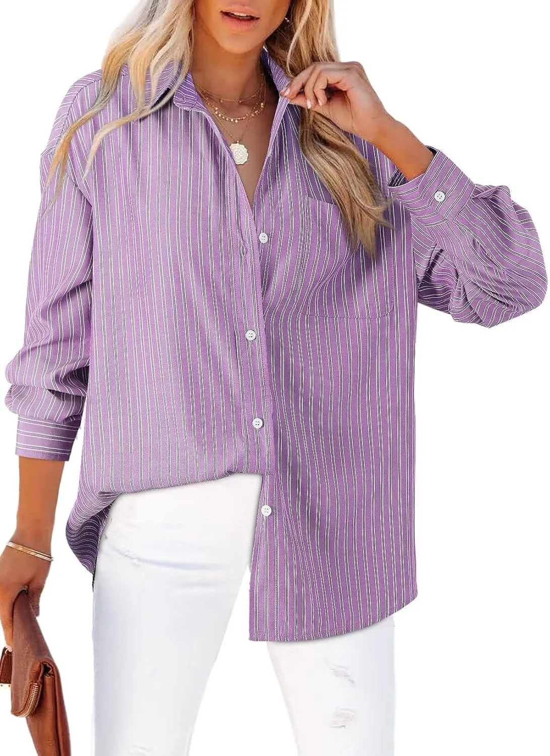 Astylish Women Blouses Oversized Striped Shirt Long Sleeve V Neck Button Down Work Tops