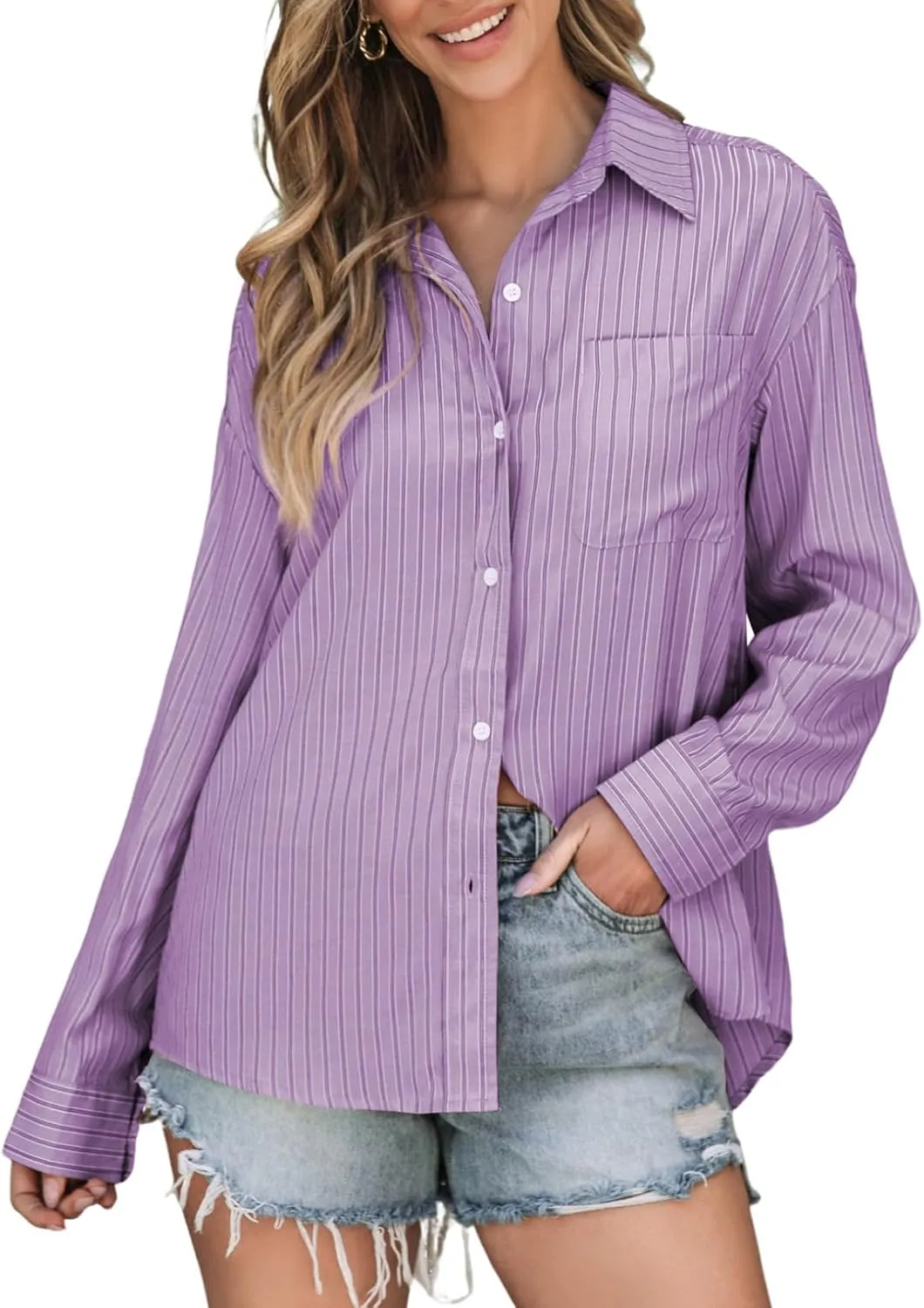 Astylish Women Blouses Oversized Striped Shirt Long Sleeve V Neck Button Down Work Tops