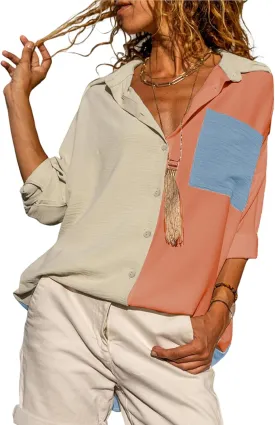 Astylish Women Casual V Neck Button Down Silk Shirt Long Sleeve Color Block Blouse Tunic Tops