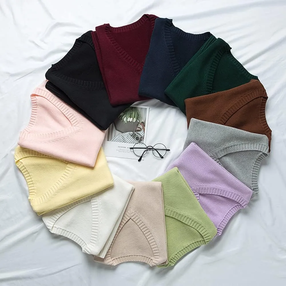 Blostirno Womens Sweater Vest V Neck JK Uniform Kint Vests Solid Classic Sleeveless Pullover Sweaters Tops