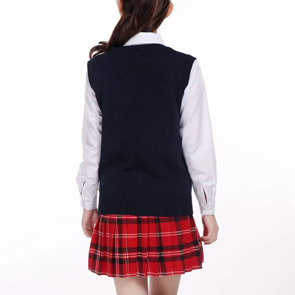 Blostirno Womens Sweater Vest V Neck JK Uniform Kint Vests Solid Classic Sleeveless Pullover Sweaters Tops