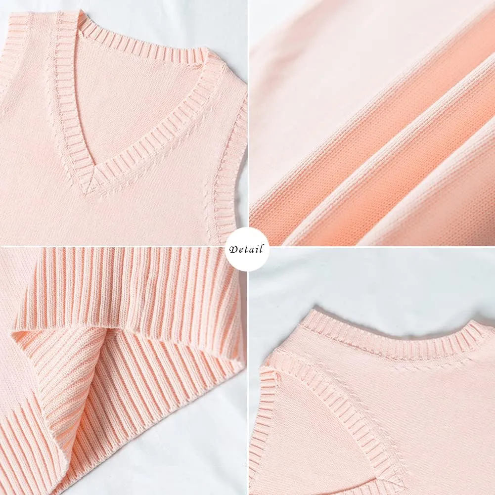 Blostirno Womens Sweater Vest V Neck JK Uniform Kint Vests Solid Classic Sleeveless Pullover Sweaters Tops