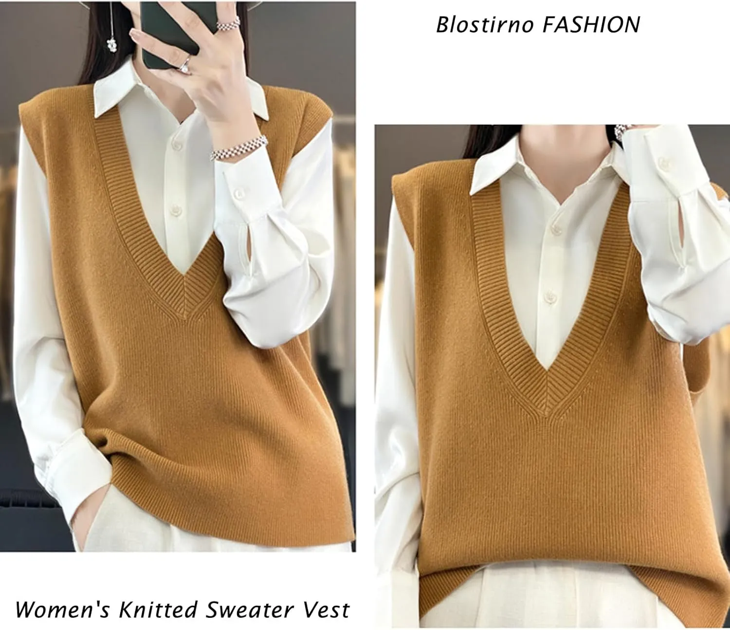 Blostirno Women's Sweater Vest V Neck Knit Pullover Vests Trendy Solid Knitwear Sleeveless Sweaters Tops
