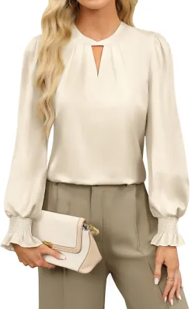 BMJL Womens Dressy Casual Blouse Keyhole Satin Silk Long Sleeve Shirts Business Work Tops Fall Clothes 2024