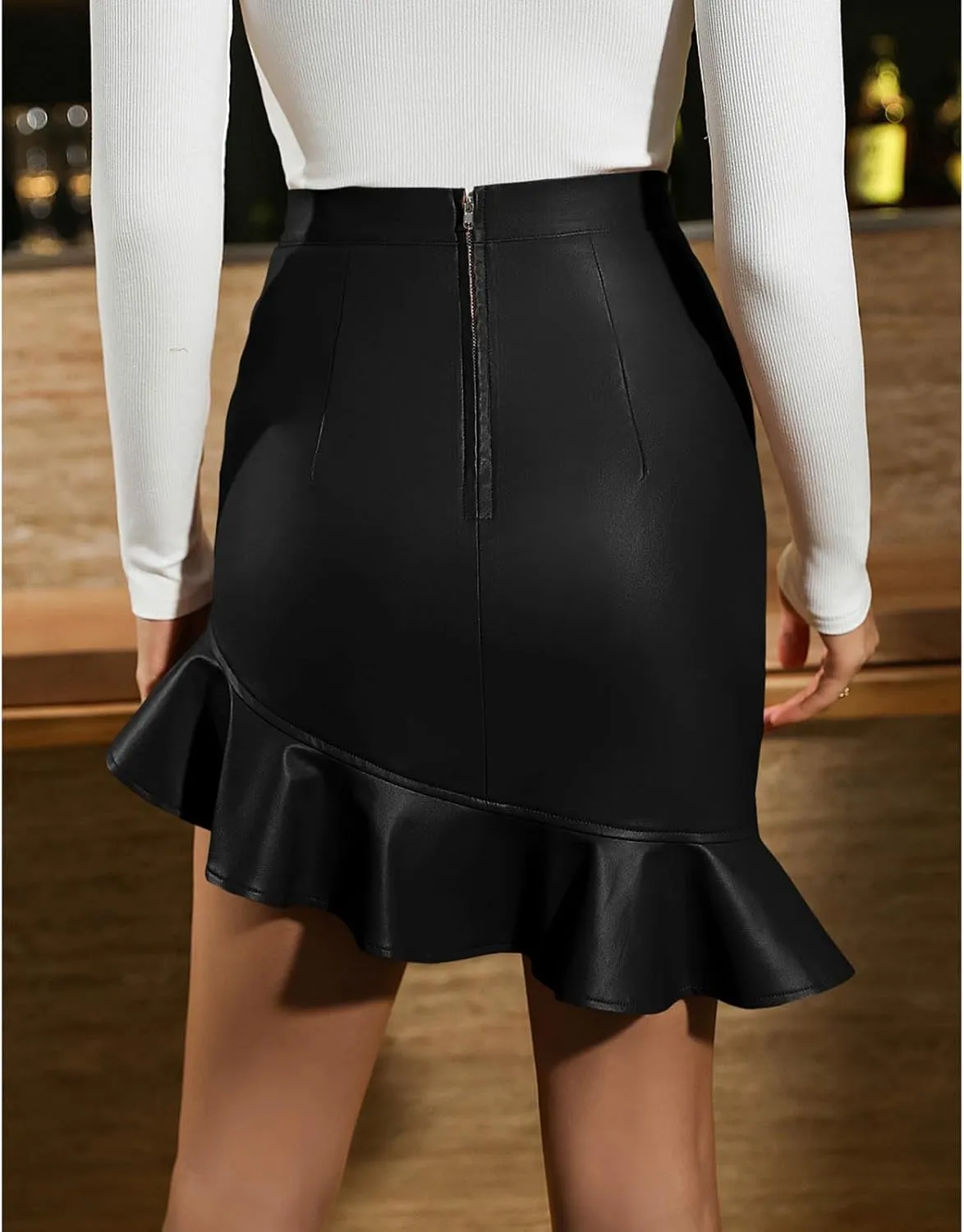 Bodycon Mini Skirts for Women Fashion Faux Leather Elastic High Waisted Skort Elegant Ruffle Hem Pencil Short Skirts