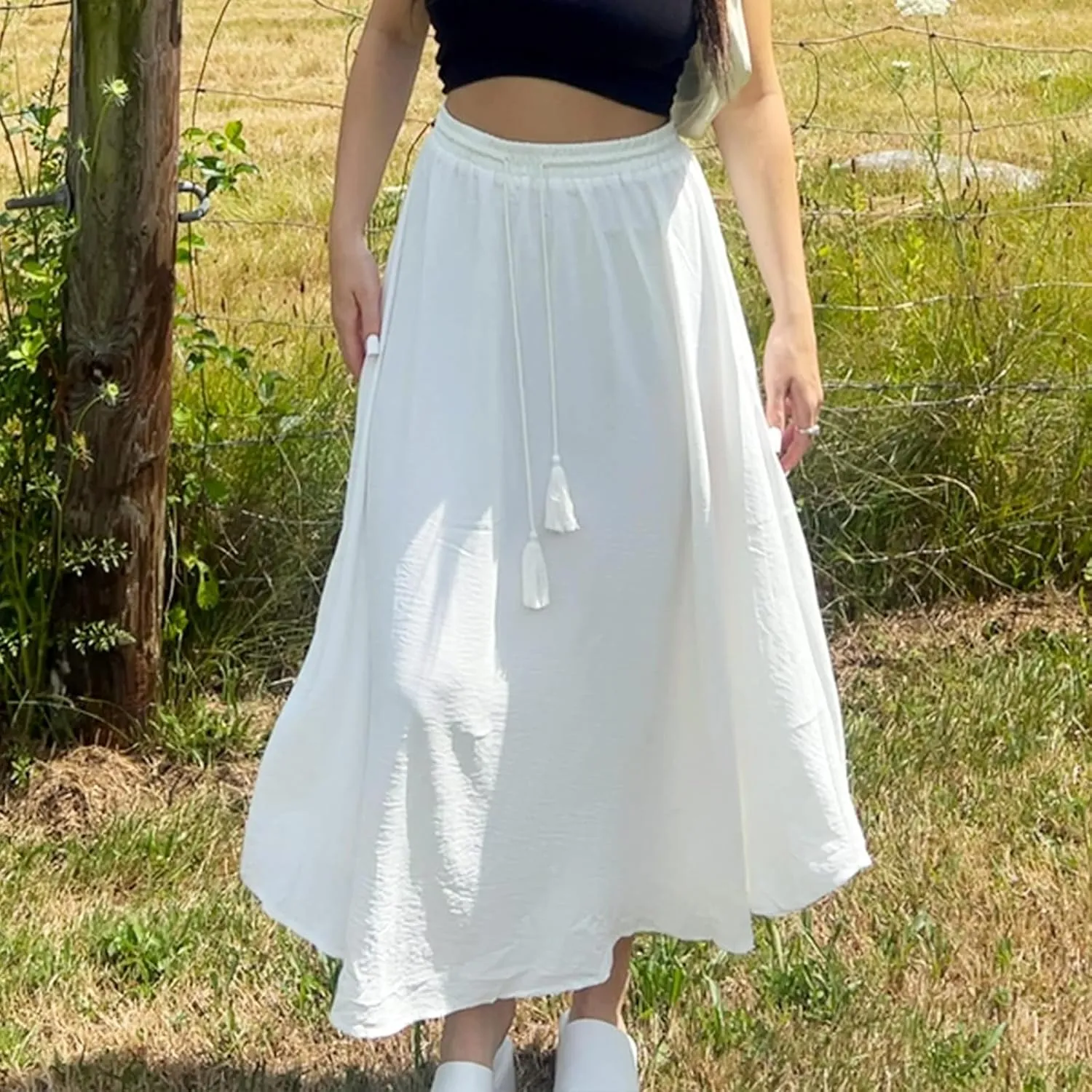 Boho Maxi Skirts for Women Summer Flowy Drawstring High Waist Skirt Casual Lightweight Ruffle Hem A Line Long Skirts