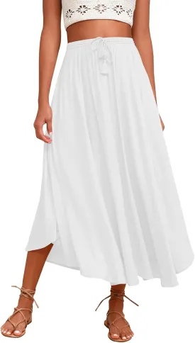Boho Maxi Skirts for Women Summer Flowy Drawstring High Waist Skirt Casual Lightweight Ruffle Hem A Line Long Skirts