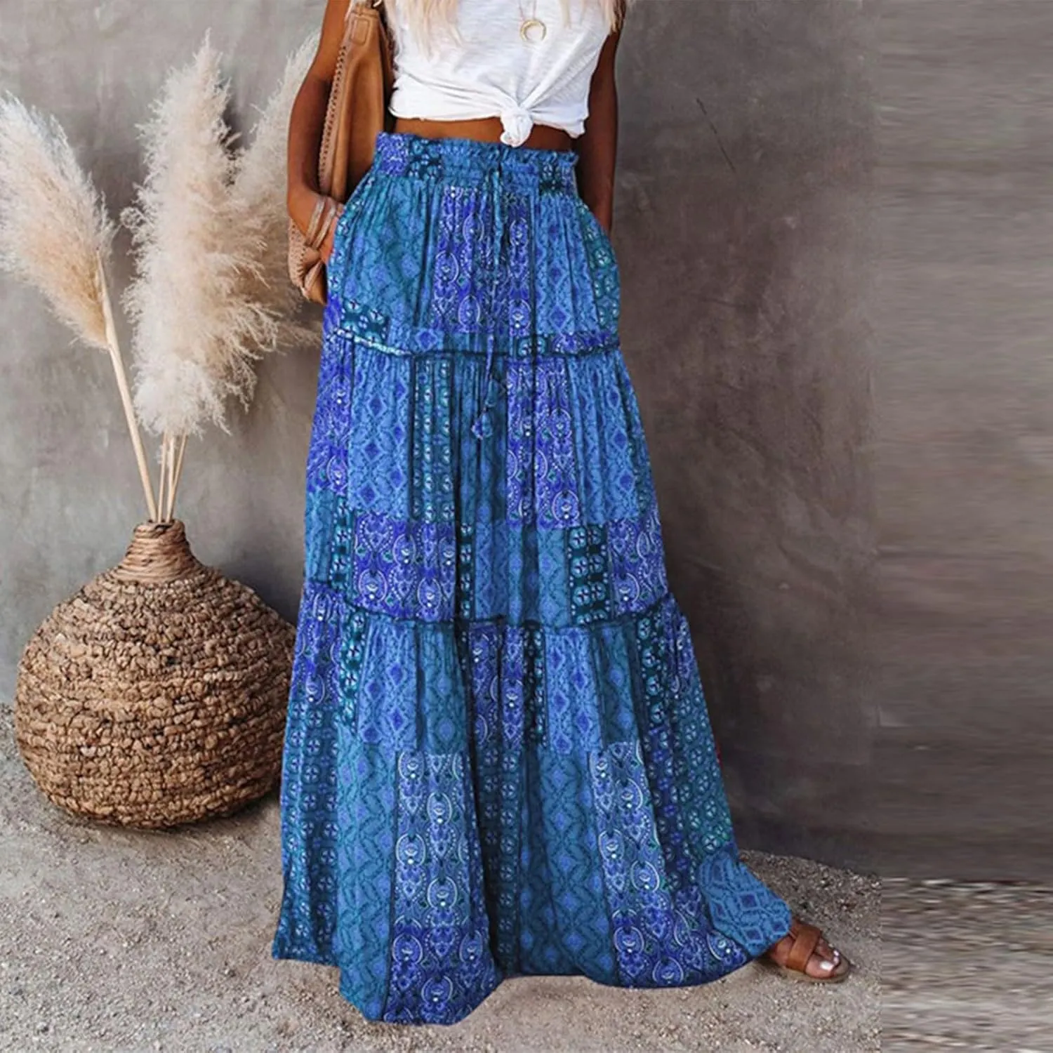 Boho Skirts for Women,2025 Summer Flowy High Waist A Line Maxi Skirt Elegant Pleated Floral Beach Outfits
