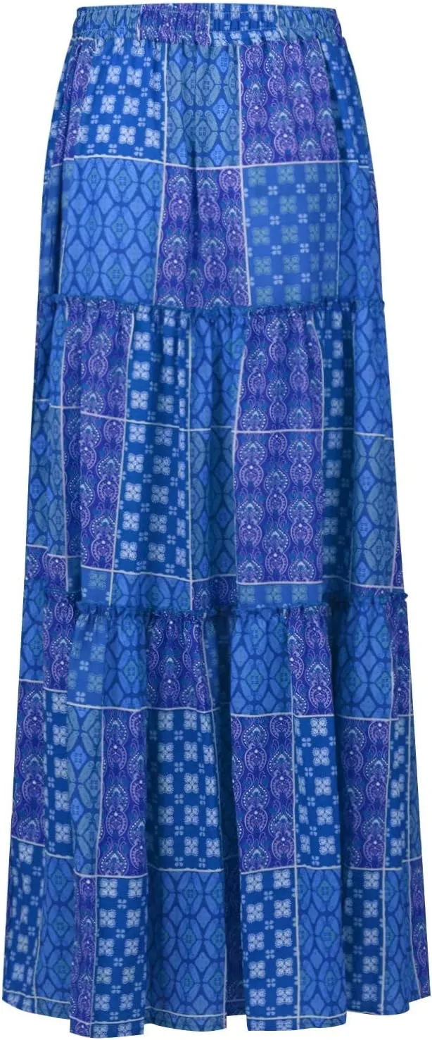 Boho Skirts for Women,2025 Summer Flowy High Waist A Line Maxi Skirt Elegant Pleated Floral Beach Outfits