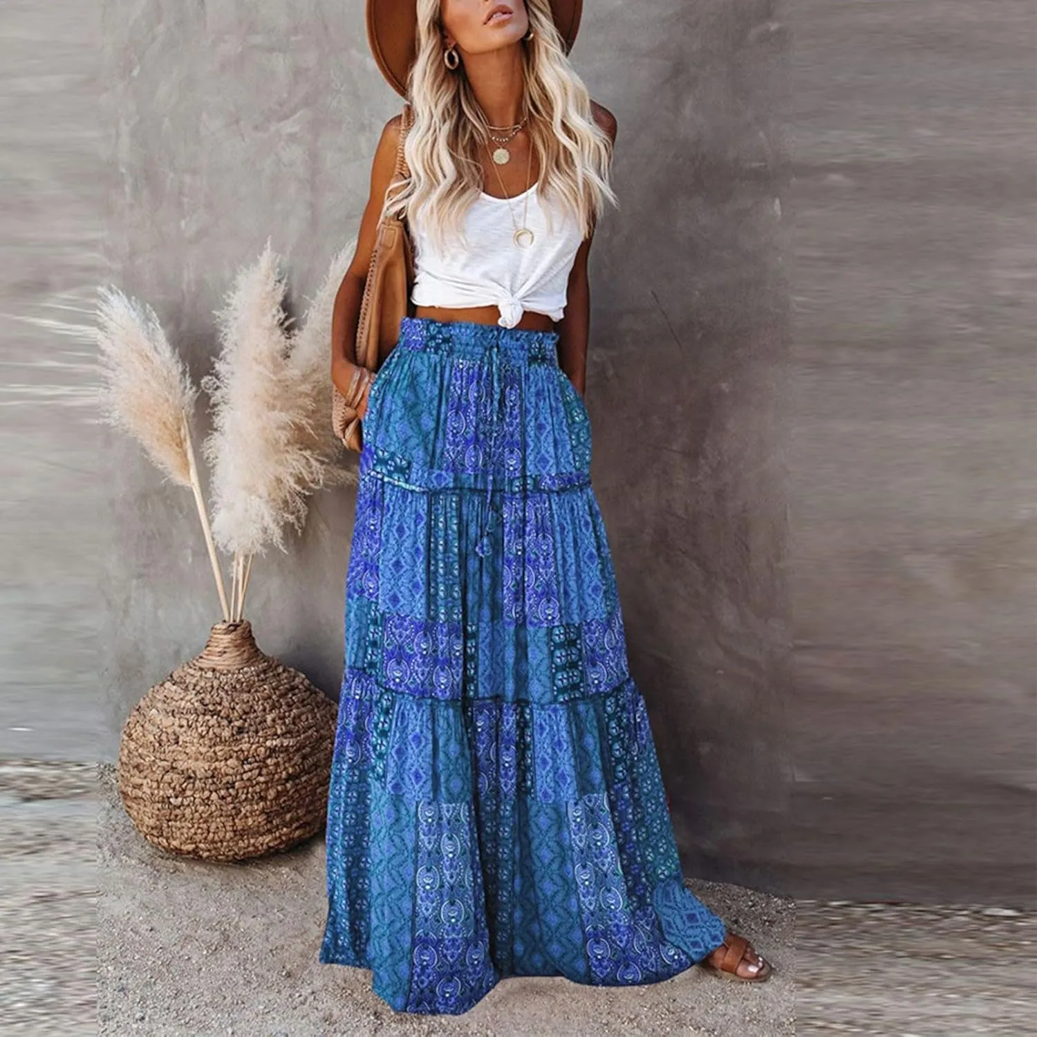 Boho Skirts for Women,2025 Summer Flowy High Waist A Line Maxi Skirt Elegant Pleated Floral Beach Outfits