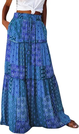 Boho Skirts for Women,2025 Summer Flowy High Waist A Line Maxi Skirt Elegant Pleated Floral Beach Outfits