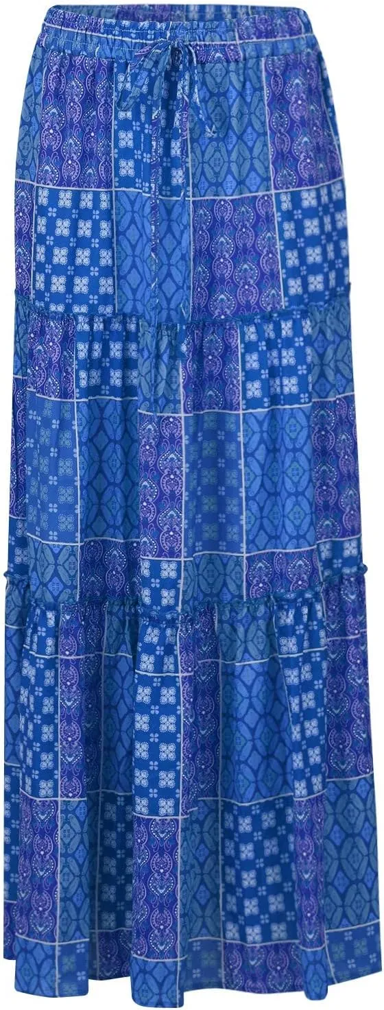 Boho Skirts for Women,2025 Summer Flowy High Waist A Line Maxi Skirt Elegant Pleated Floral Beach Outfits