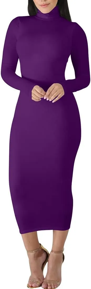 BORIFLORS Women's Sexy Basic Long Sleeve Turtleneck Bodycon Party Long Pencil Dress