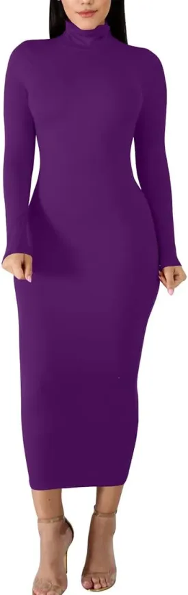 BORIFLORS Women's Sexy Basic Long Sleeve Turtleneck Bodycon Party Long Pencil Dress