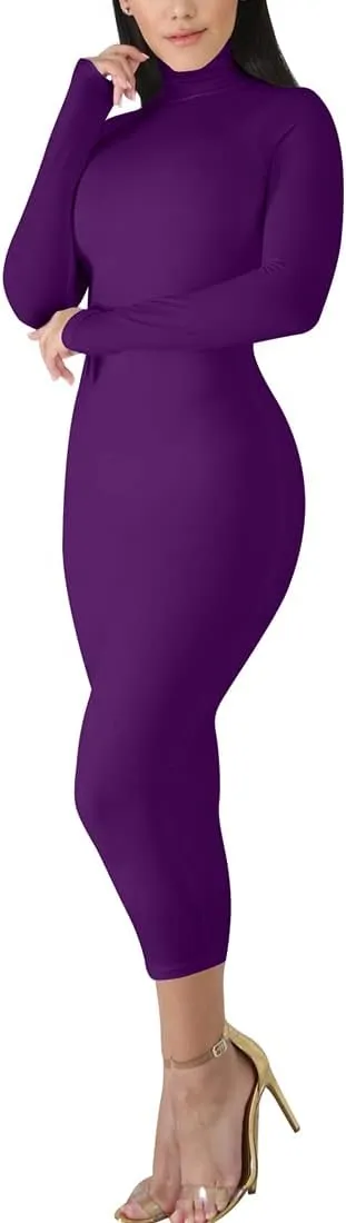 BORIFLORS Women's Sexy Basic Long Sleeve Turtleneck Bodycon Party Long Pencil Dress