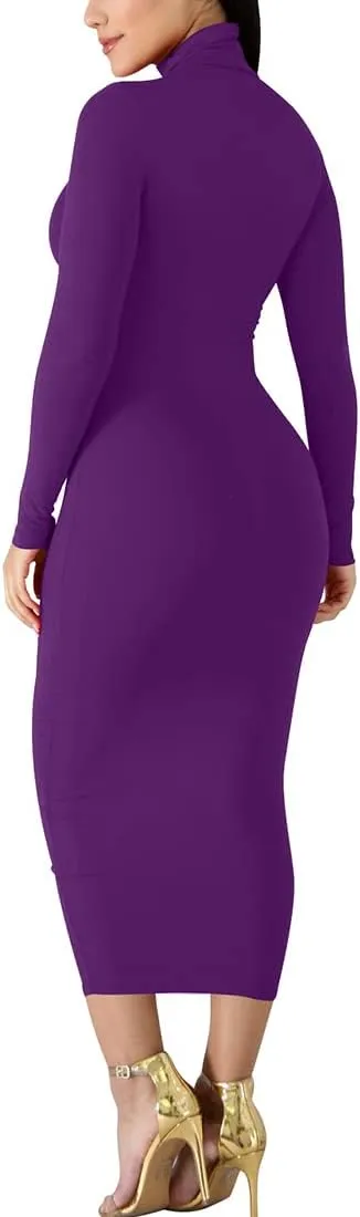 BORIFLORS Women's Sexy Basic Long Sleeve Turtleneck Bodycon Party Long Pencil Dress