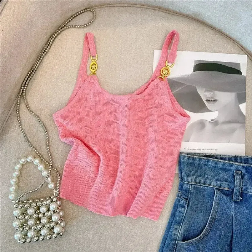 Brooch And Straps Knitted Crop Top