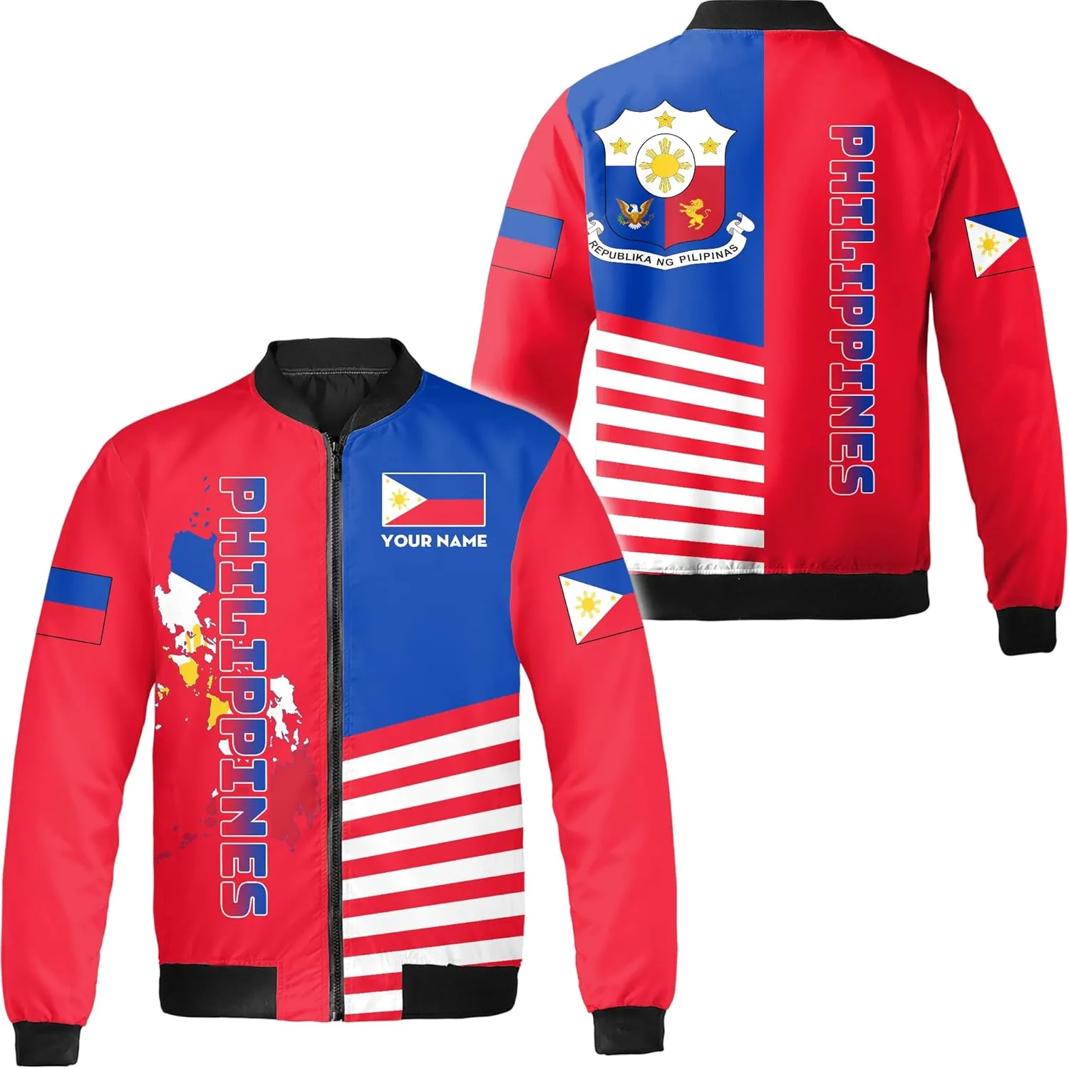 Camelliaa Shop Personalized Philippines Flag AOP Bomber Jacket Casual Bomber S-5XL, Philippines Jacket For Men