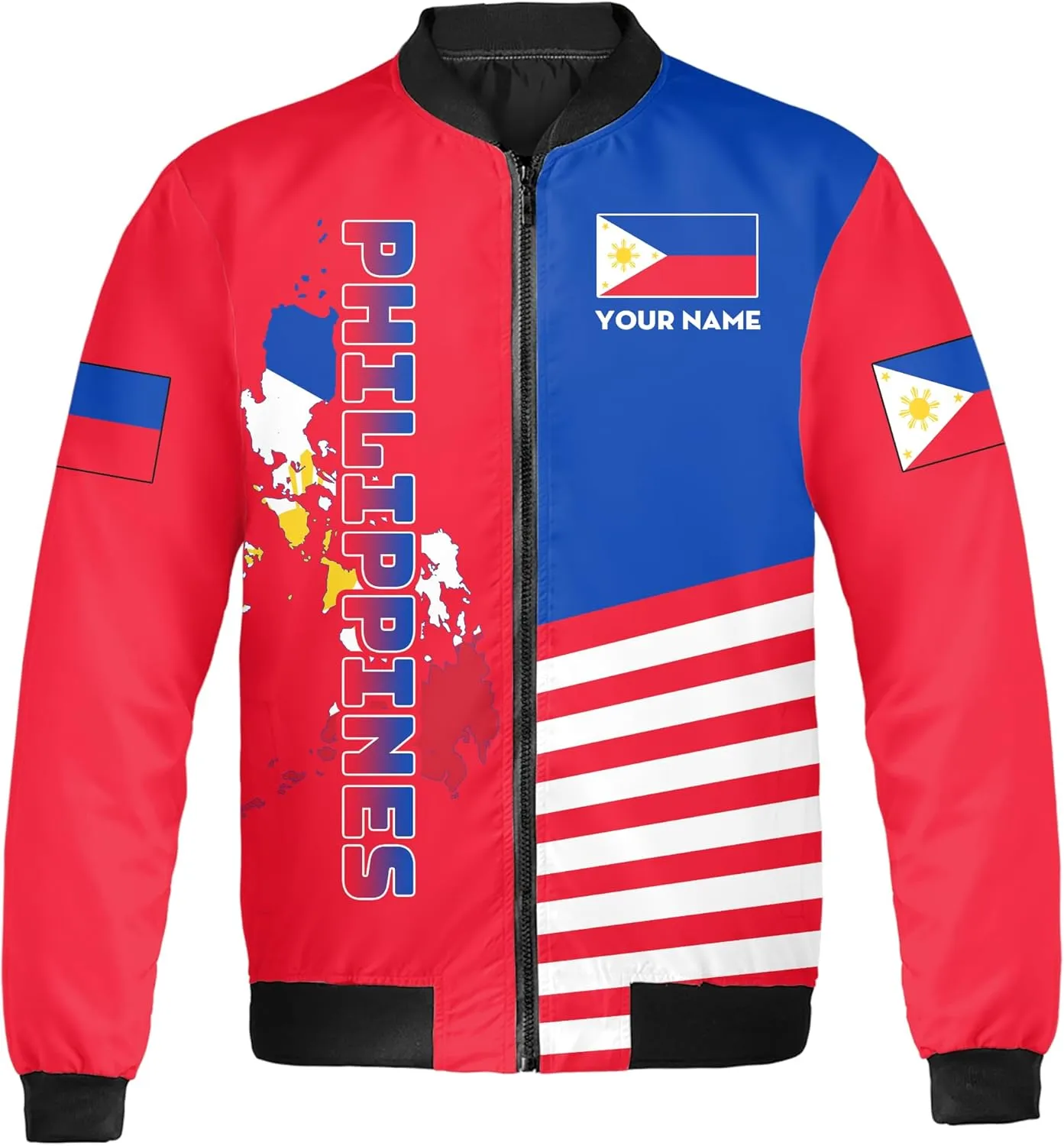 Camelliaa Shop Personalized Philippines Flag AOP Bomber Jacket Casual Bomber S-5XL, Philippines Jacket For Men