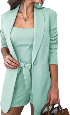 CHARTOU Women 3 Pieces Short Blazer Set Belted Shorts Suit Vest 1 Button Jacket Crop Top Business Casual Outfit