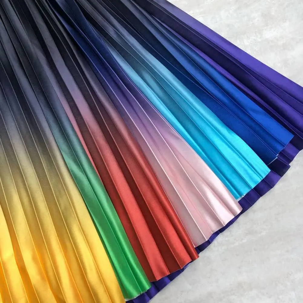 CHARTOU Women Cute Satin Metallic Gradient Pleated Midi Skirt Flowy Accordion A Line Long Skirt