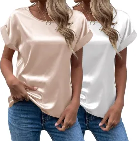 Chigant Women's Short Sleeve Satin Blouses Casual Loose Crewneck Silk Shirts Roll Up Sleeve Tunic Tops S-XXL