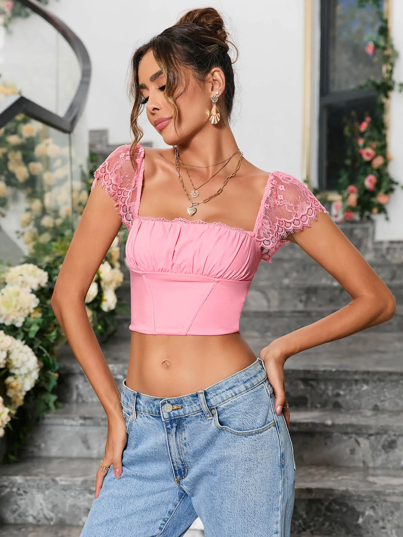 Contrast Lace Ruched Bust Square Neck Crop Top