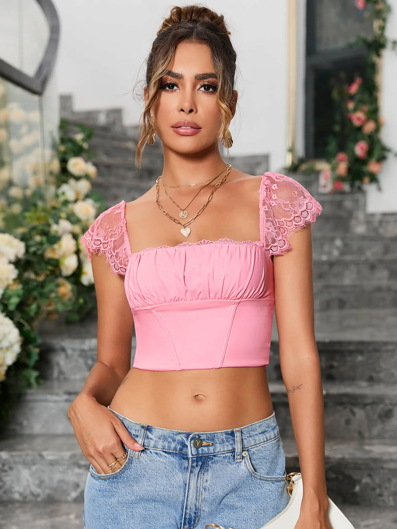 Contrast Lace Ruched Bust Square Neck Crop Top