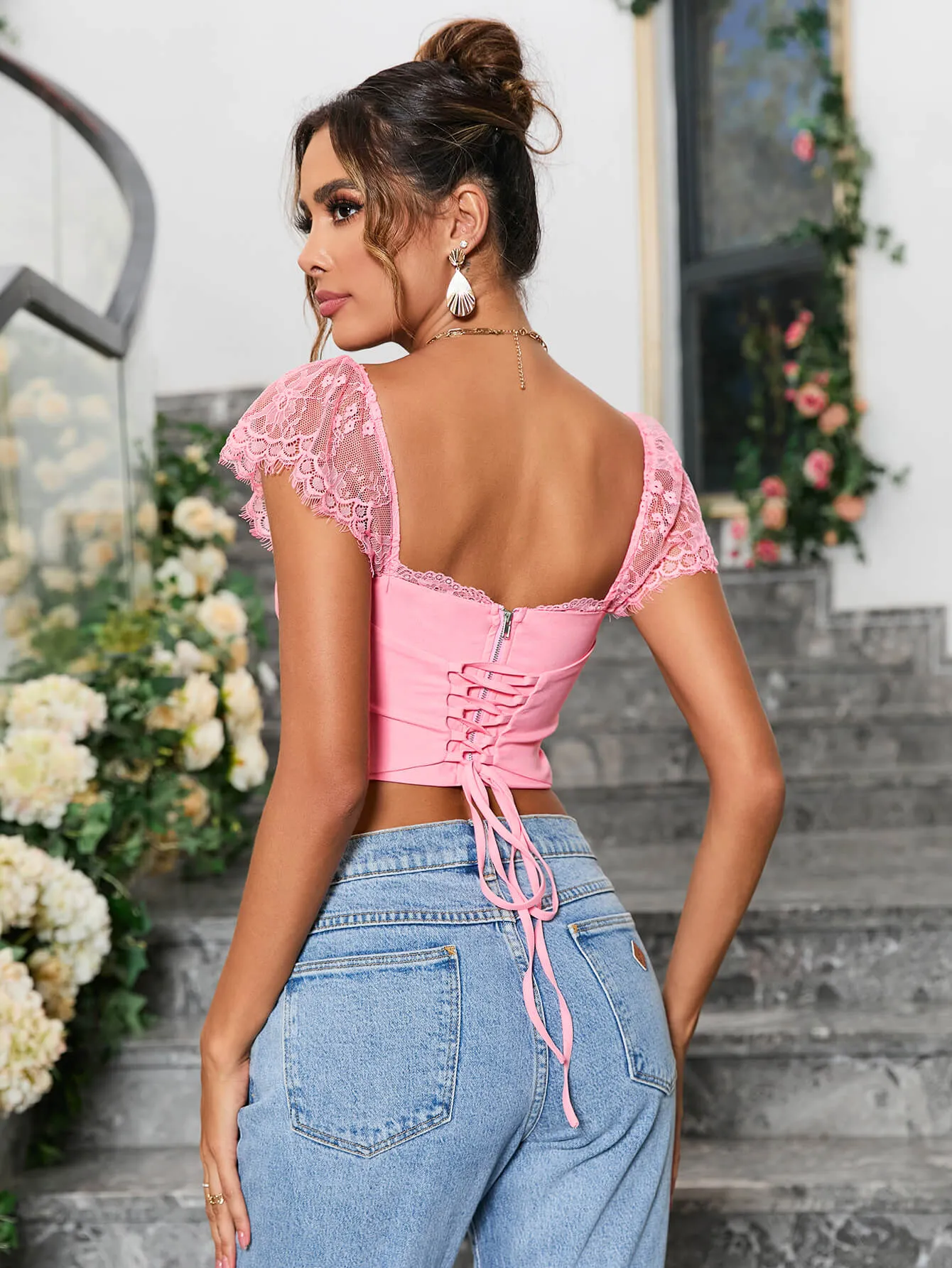 Contrast Lace Ruched Bust Square Neck Crop Top