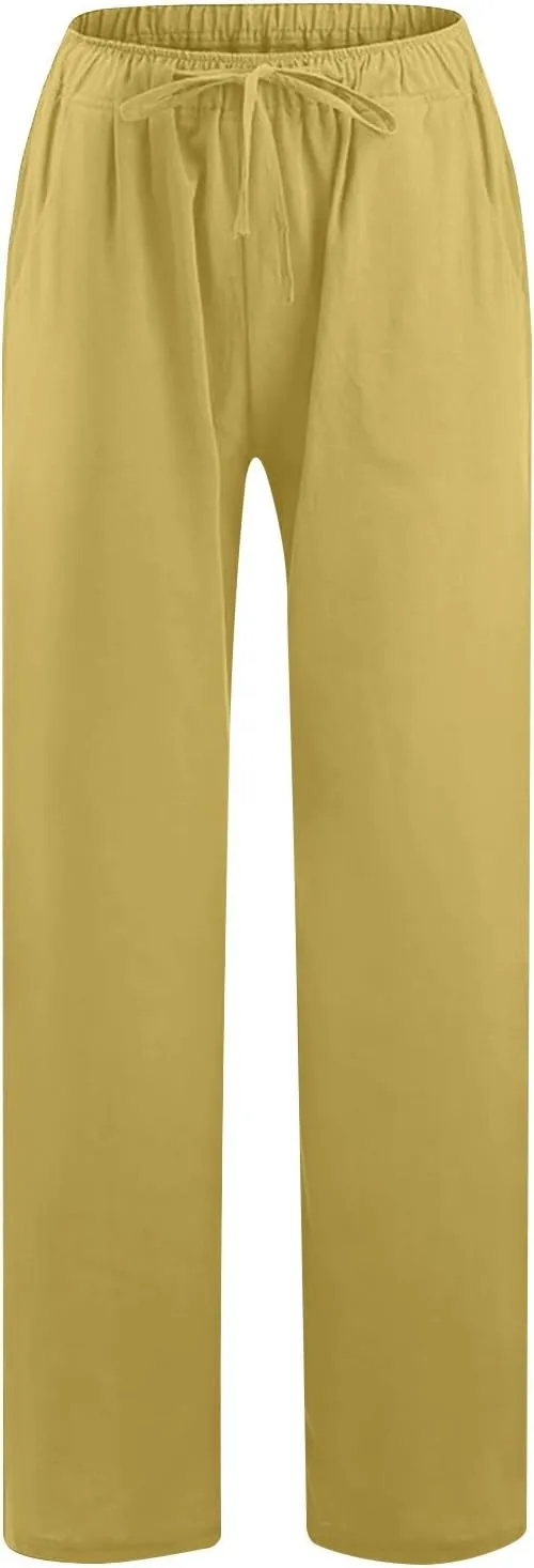 Ctreela Womens Cotton Linen Drawstring Wide Leg Pants High Waisted Casual Loose Trousers with Pockets Elastic Waist Joggers