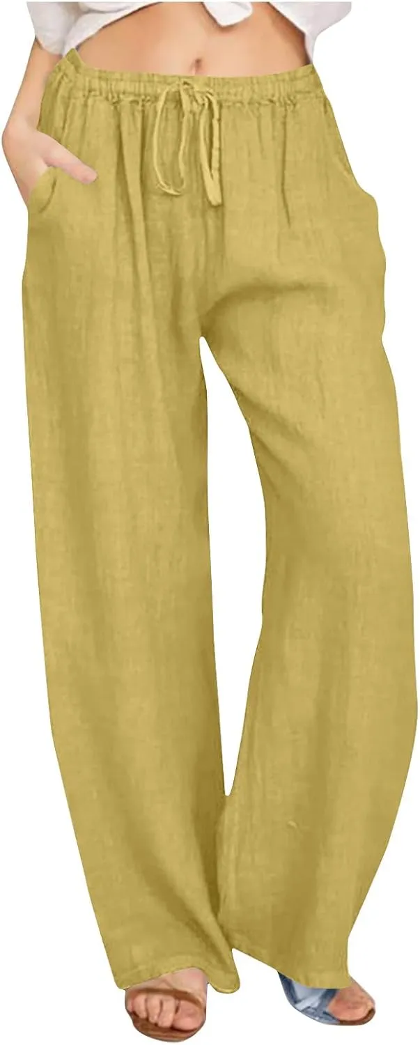 Ctreela Womens Cotton Linen Drawstring Wide Leg Pants High Waisted Casual Loose Trousers with Pockets Elastic Waist Joggers