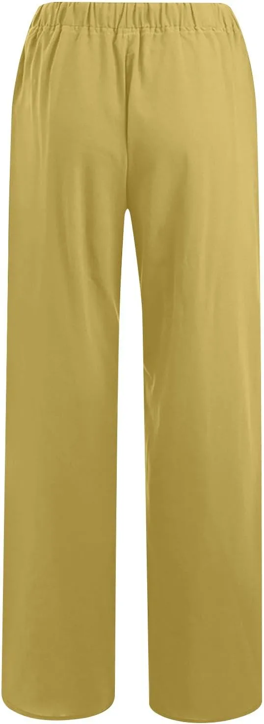 Ctreela Womens Cotton Linen Drawstring Wide Leg Pants High Waisted Casual Loose Trousers with Pockets Elastic Waist Joggers