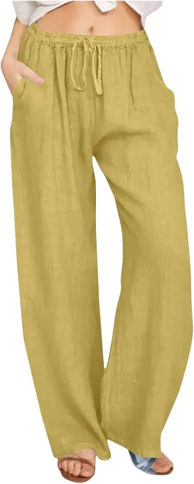 Ctreela Womens Cotton Linen Drawstring Wide Leg Pants High Waisted Casual Loose Trousers with Pockets Elastic Waist Joggers
