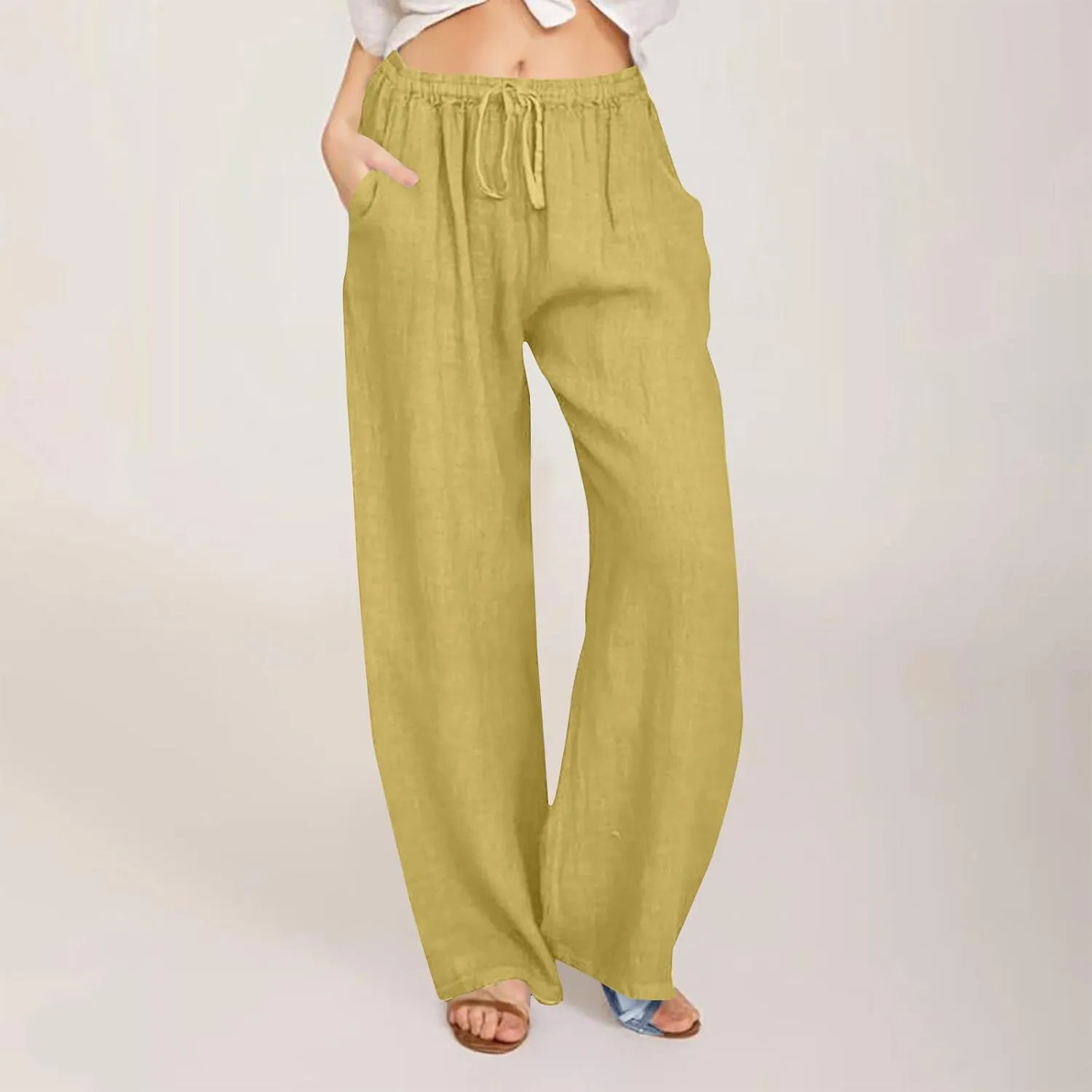 Ctreela Womens Cotton Linen Drawstring Wide Leg Pants High Waisted Casual Loose Trousers with Pockets Elastic Waist Joggers