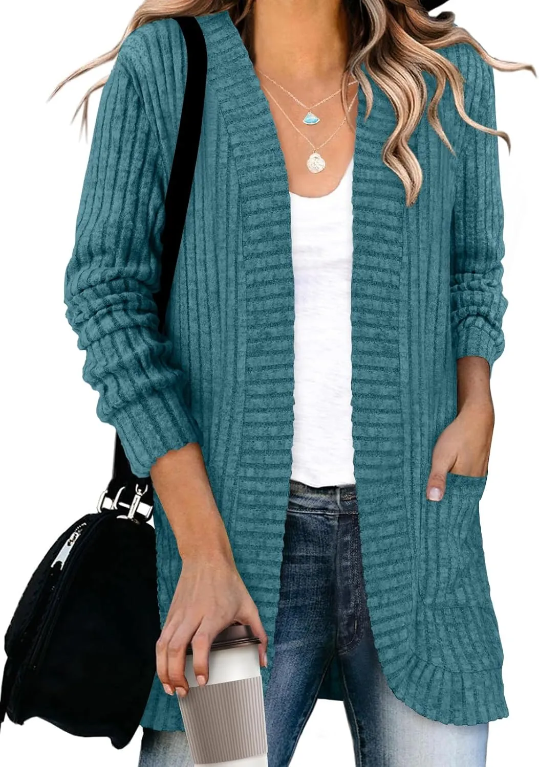 DB MOON Womens Long Cardigan Lightweight Sweater Open Front Long Sleeve Outfits with Pockets