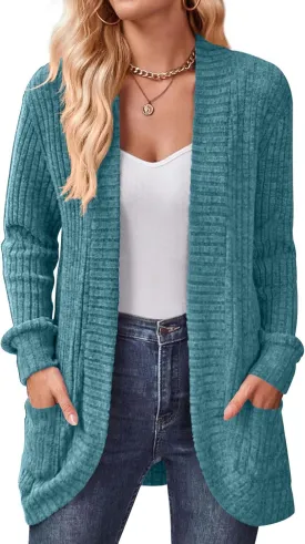 DB MOON Womens Long Cardigan Lightweight Sweater Open Front Long Sleeve Outfits with Pockets